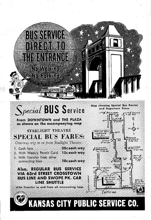 Black and white ad from 1950 program book with description of bus route to get to Starlight