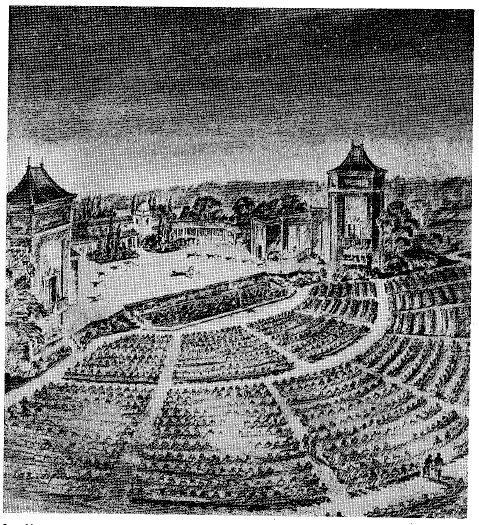 Black and white sketch of Starlight stage and seating area from 1950