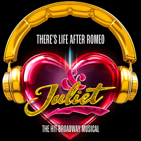 A pink heart with a shiny gold set of headphones around it.