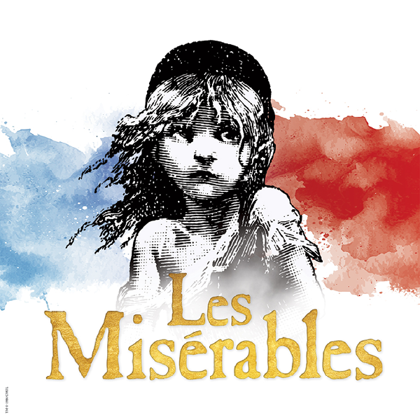 A drawing of a young girl in rags with a water color background of the French flag.