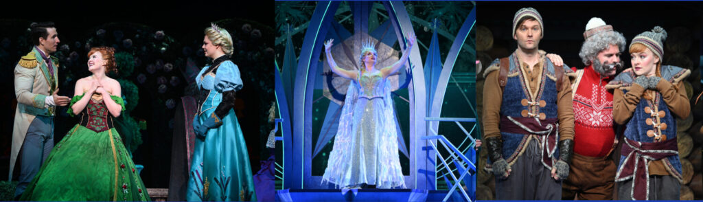Stage production scenes from Disney's Frozen. Left: Anna in a green gown smiles at Hans, while Elsa stands nearby in a blue dress. Center: Elsa stands triumphantly on an icy staircase in a shimmering gown with arms raised. Right: Kristoff, wearing winter gear, stands with Anna and Sven in rustic costumes next to Oaken in a red Nordic sweater.