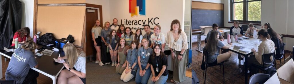 A group of Starlight interns volunteer at Literacy KC, organizing materials and working together in classrooms. The collage includes a posed group photo and candid shots of the team in action.