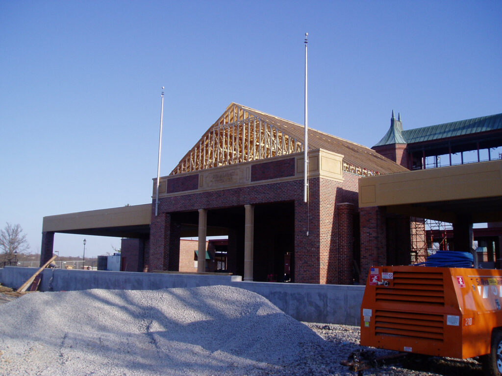 Construction of new portico on north side with snow in 1990s