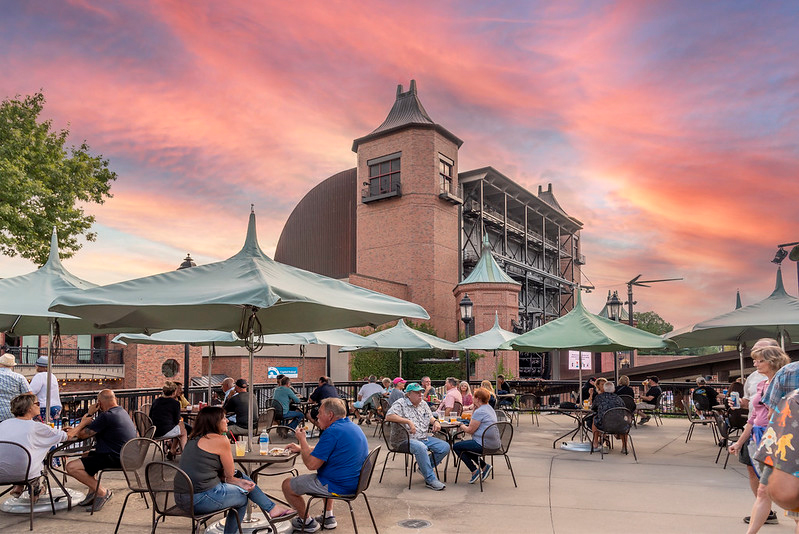 View of towers and stage during a sunset