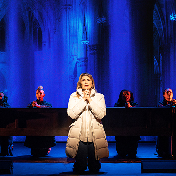 Cast from Jagged Little Pill praying in a church