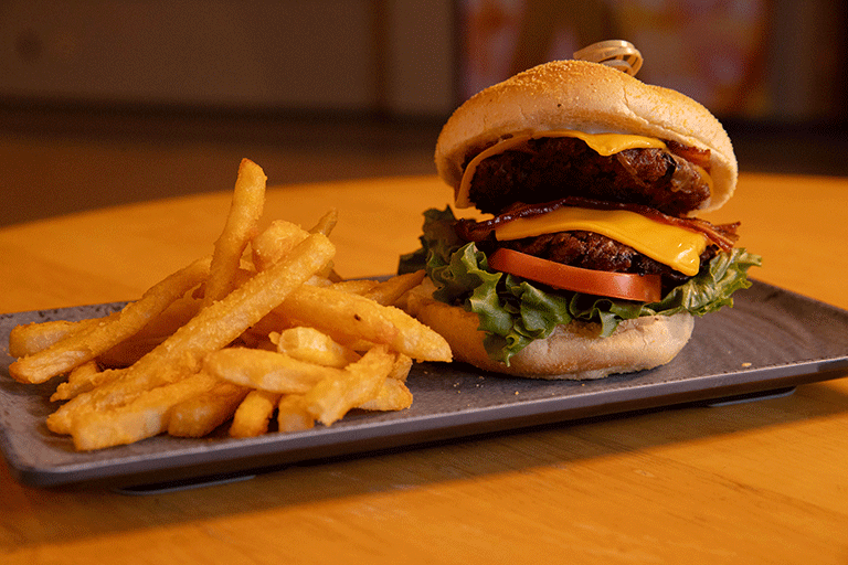 A cheeseburger and fries on a plate.