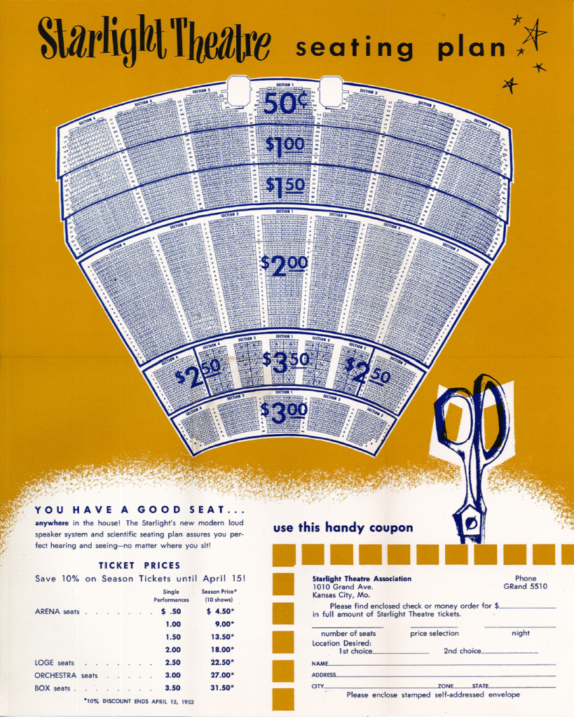 Seating plan from the 1950s with ticket prices ranging from 50 cents to $3.00