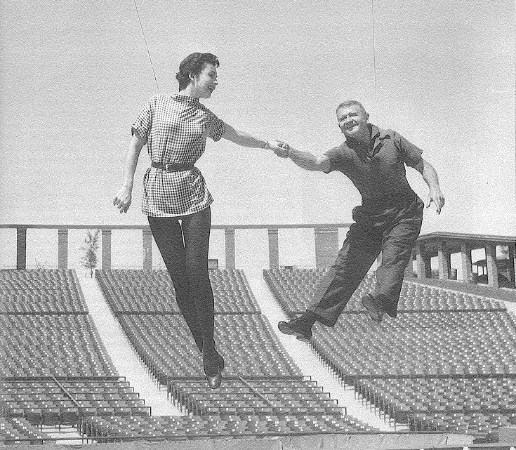 Black and white photo of man and woman rehearsing for Peter Pan in 1956