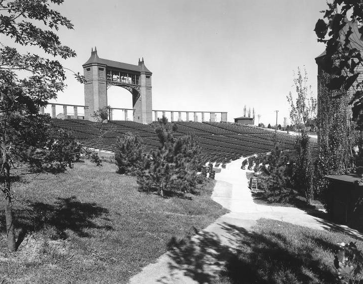 Black and white photo of view from the west in the 1950s