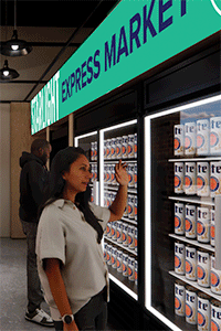 Rendering of a woman with long brown hair standing in front of a case with beverages.