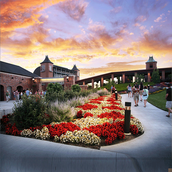 People walking past bright flowers into Starlight during the evening with a sunset