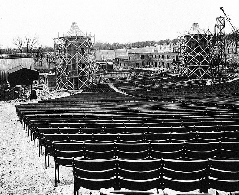 Black and white photo of original construction of towers